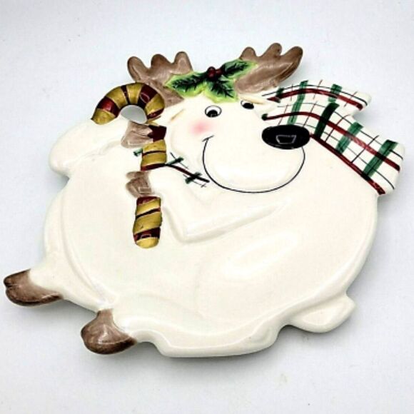 Vintage Fitz & Floyd Christmas Reindeer Canape Plate Cookies Candy Tray 10" Cute - Picture 6 of 11